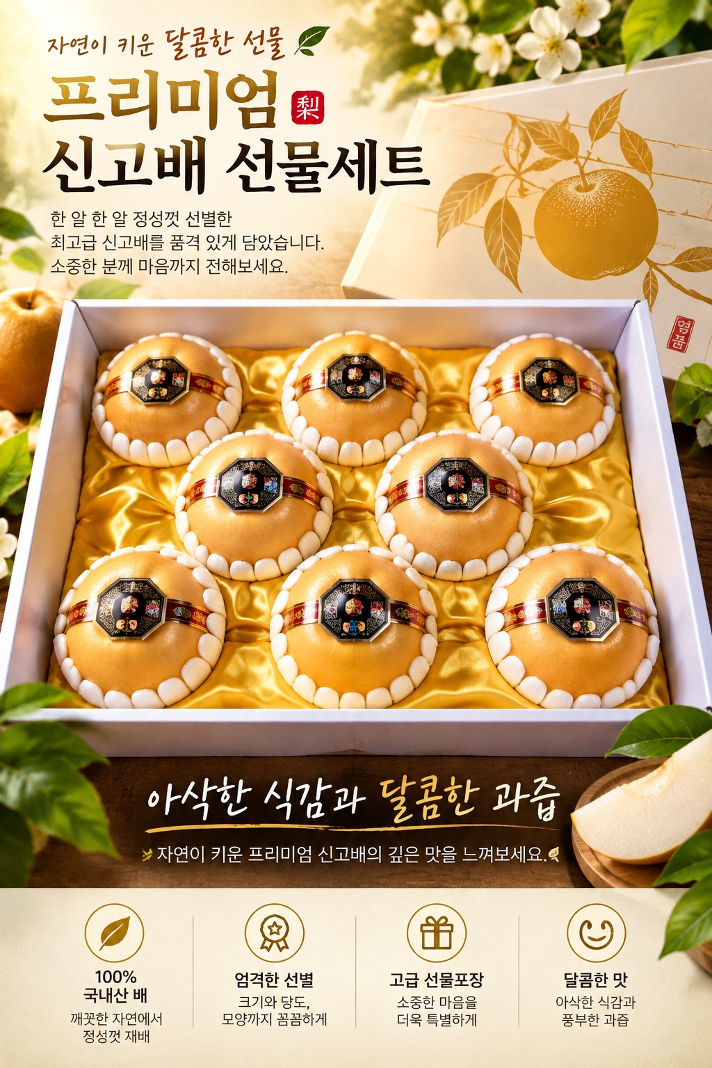 프리미엄 신고배 선물세트. 신고배를 금빛 포장과 선물 상자에 담은 브랜드 이미지